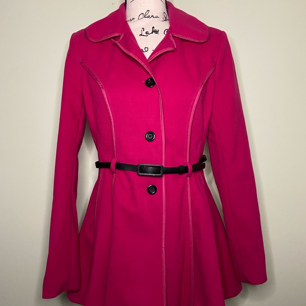 Women's Pink Black Belted Pleated Peacoat